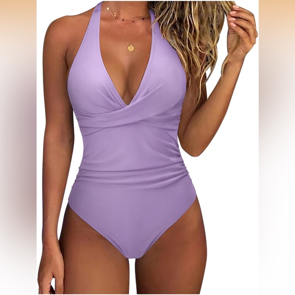 Lavender Ruched Halter One-Piece Swimsuit